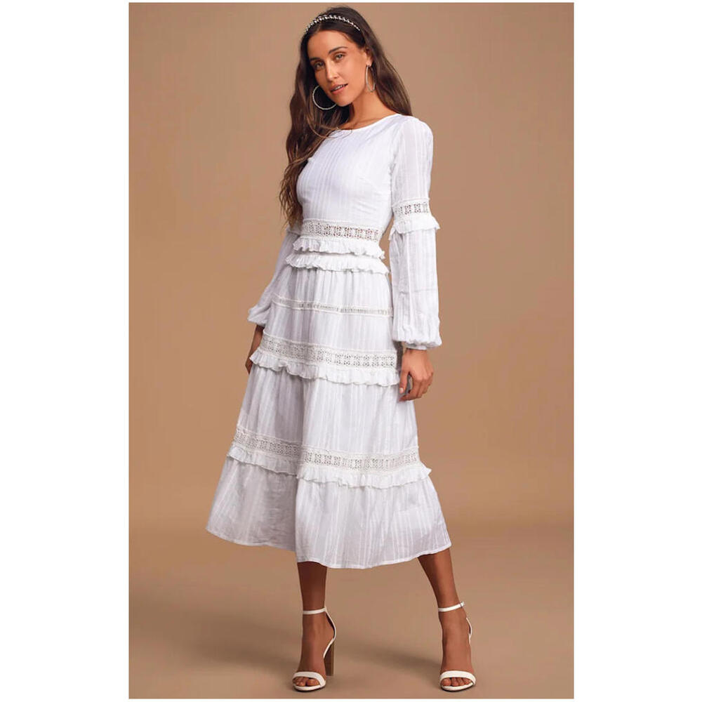 Lulus - Tiered Midi Dress with Lace Trim, size XS